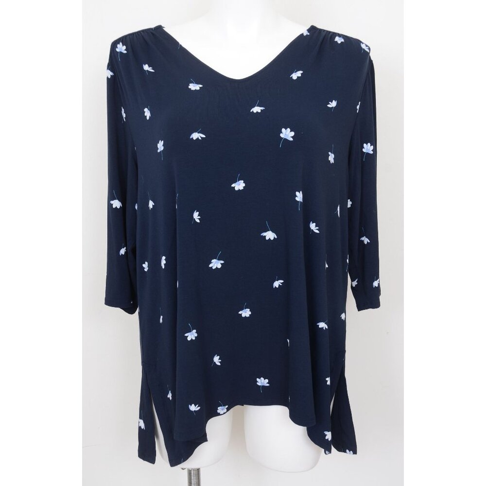 J. Jill Wearever Collection Women's‎ XL Navy Blue White Flowers Tunic Top Blouse